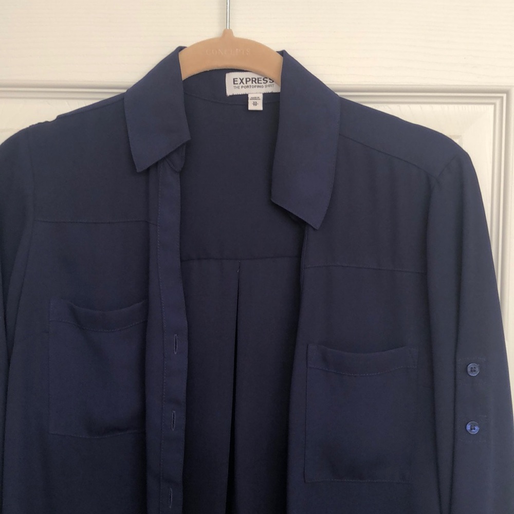 Navy blue long sleeve button down blouse